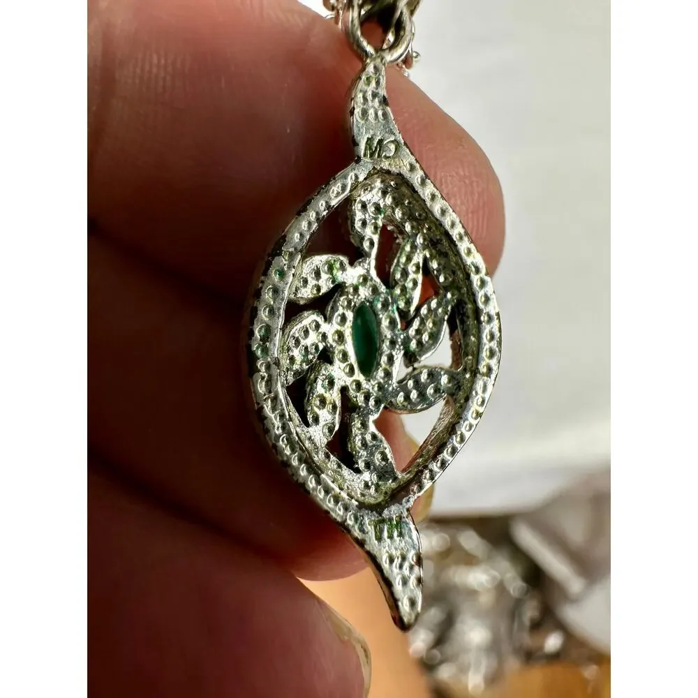 Vintage Marcasite Necklace Green Marquise Stone Art Nouveau Pendant